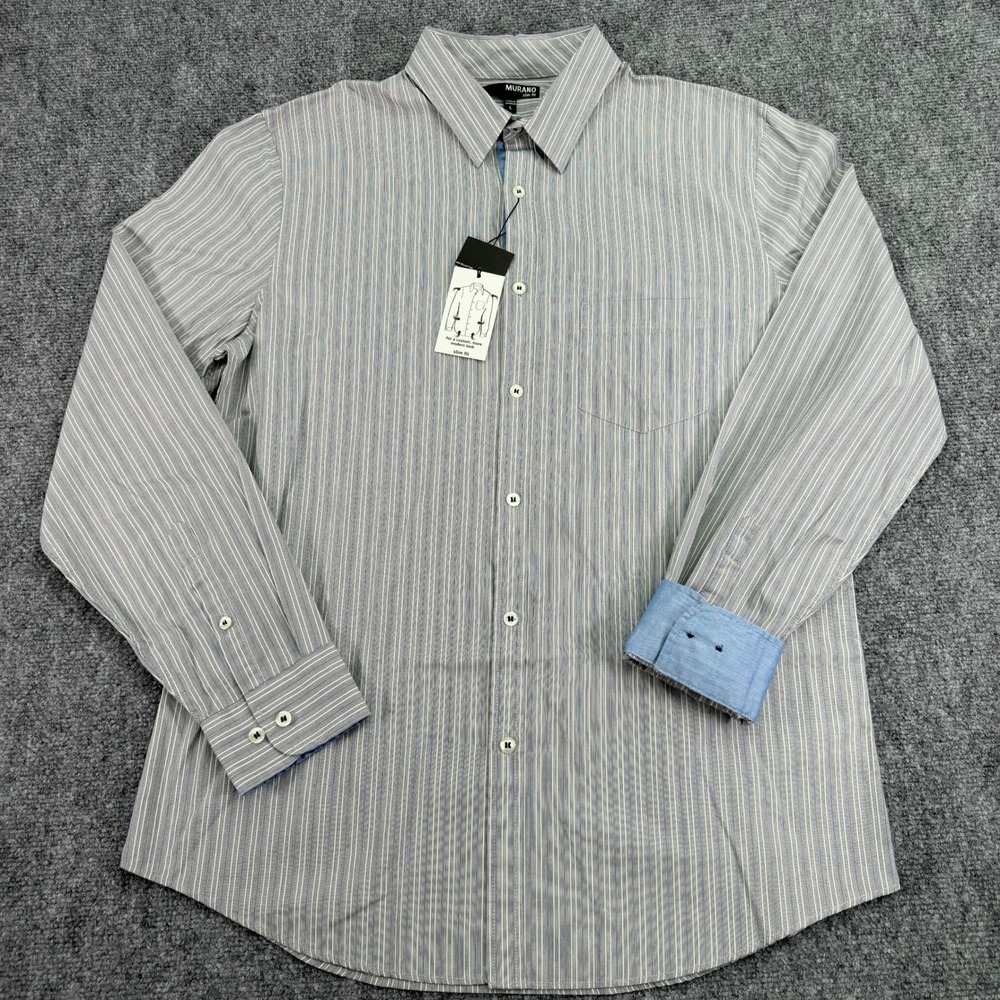 Murano Shirt Men's Large Grey Blue Striped Cotton Slim Fit Button Up Pocket NWT